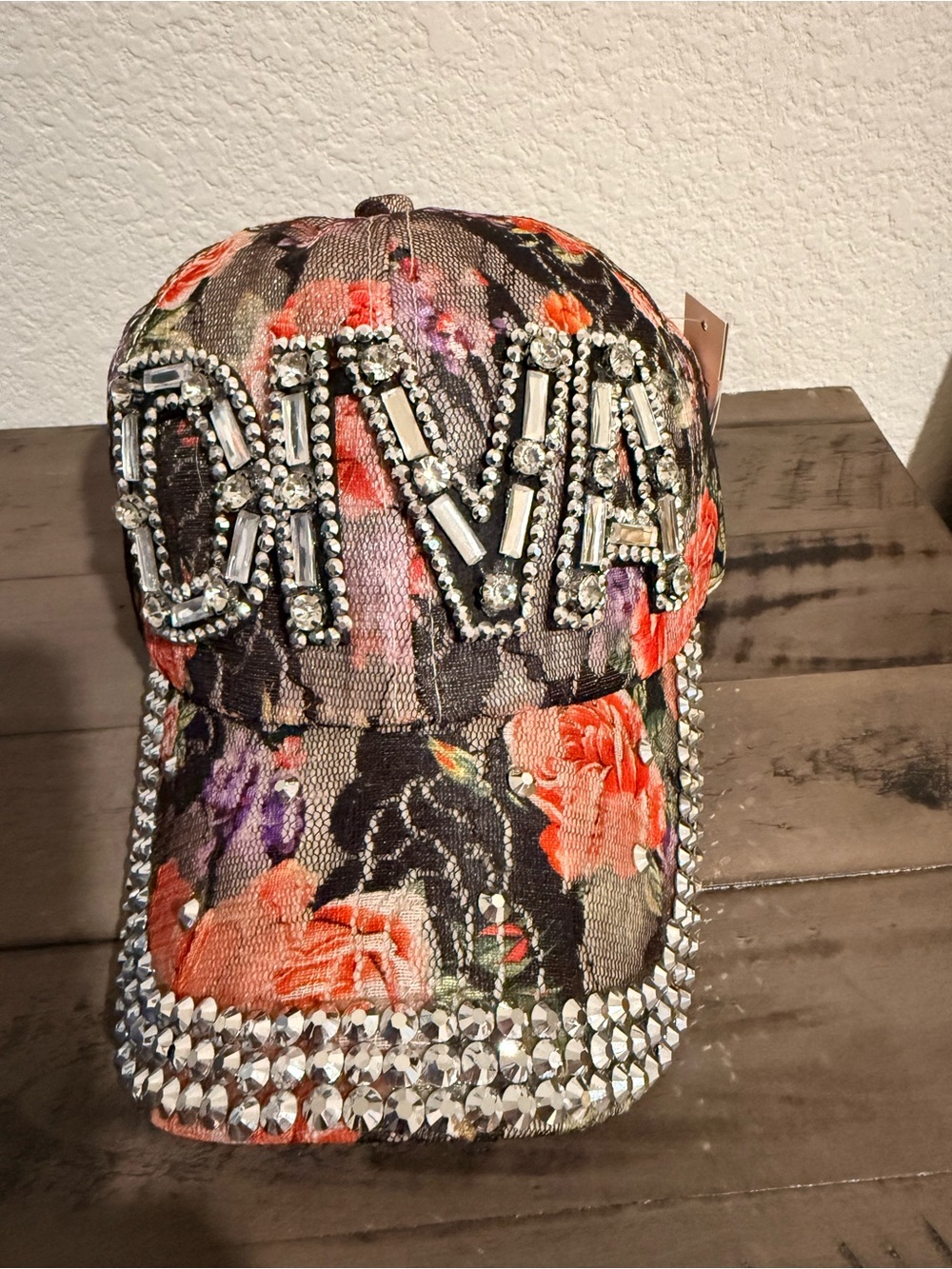 Floral Rhinestone Embellished Baseball Cap - Black & Coral